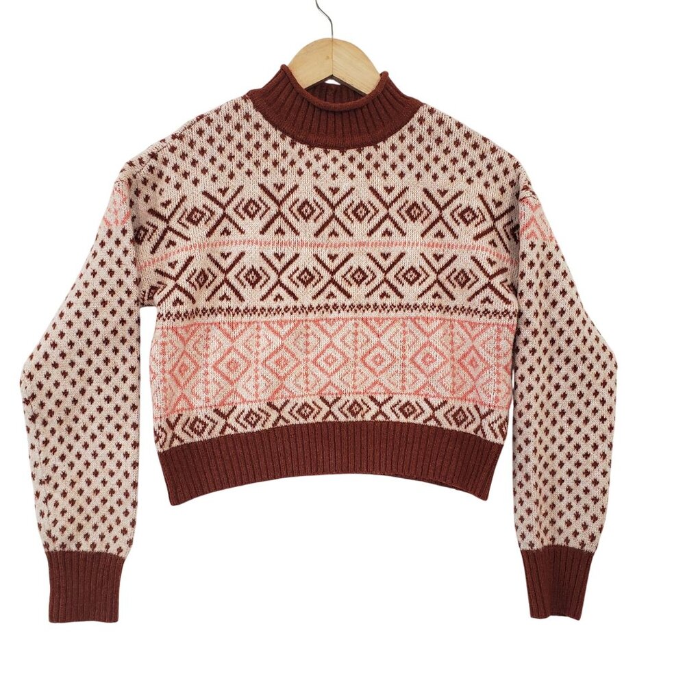 American Eagle Fair Isle Cropped‎ Sweater Womens XS Mock Neck Ski Resort Winter